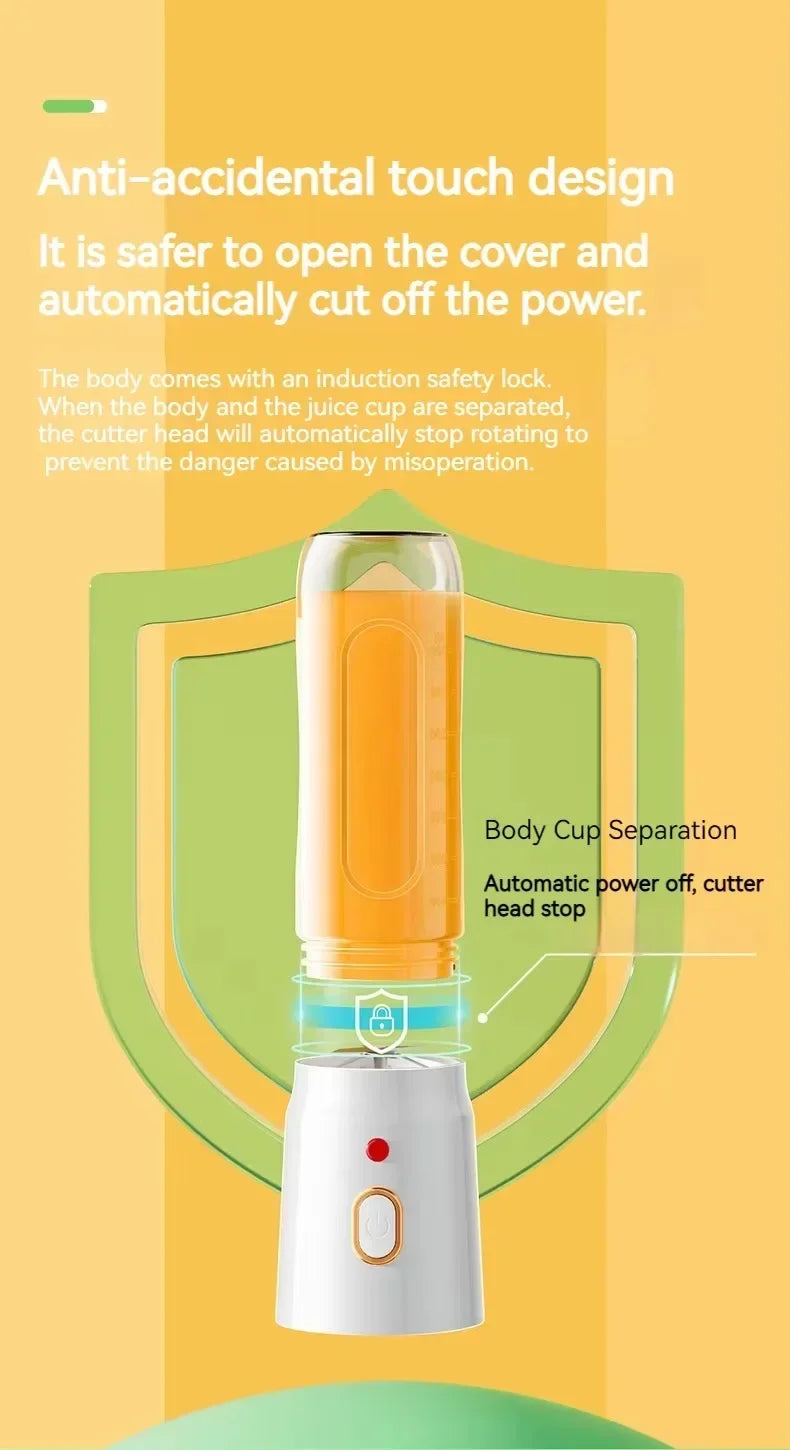 Portable orange blender with white base and safety lock design, shown against a yellow background with green shield icon.