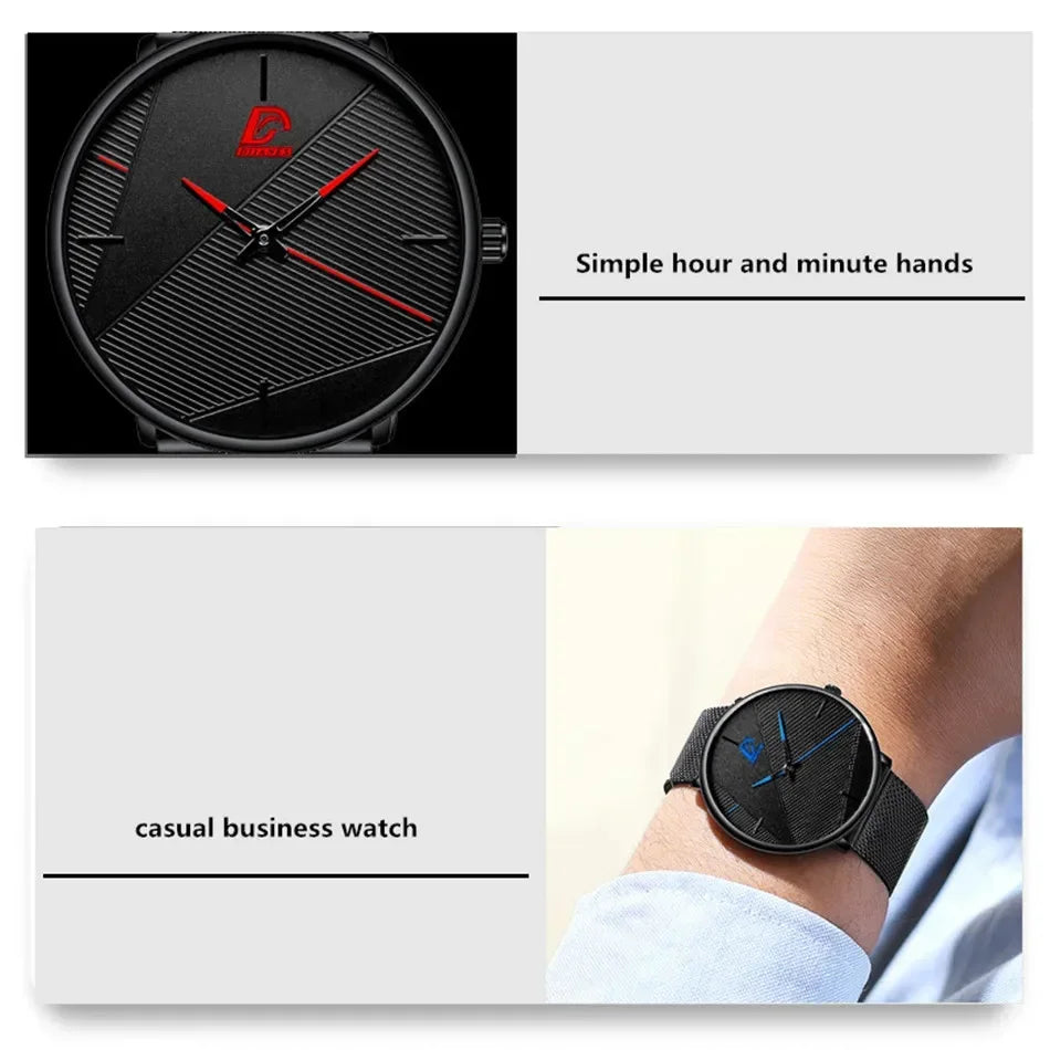 Minimalist black ultra-thin quartz watch with a textured dial, mesh strap, and simple hour and minute hands.