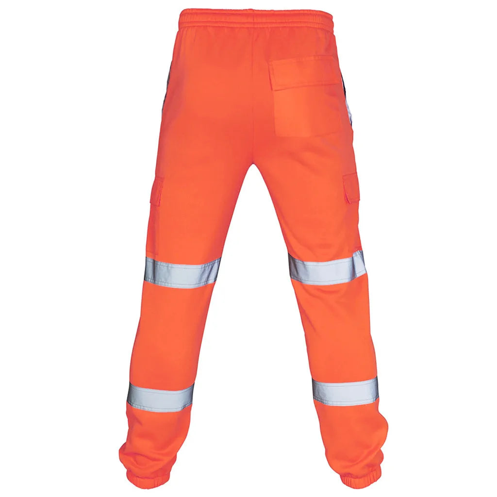 Orange high-visibility work joggers with reflective tape, side cargo pockets, a back pocket and elasticated cuffs.