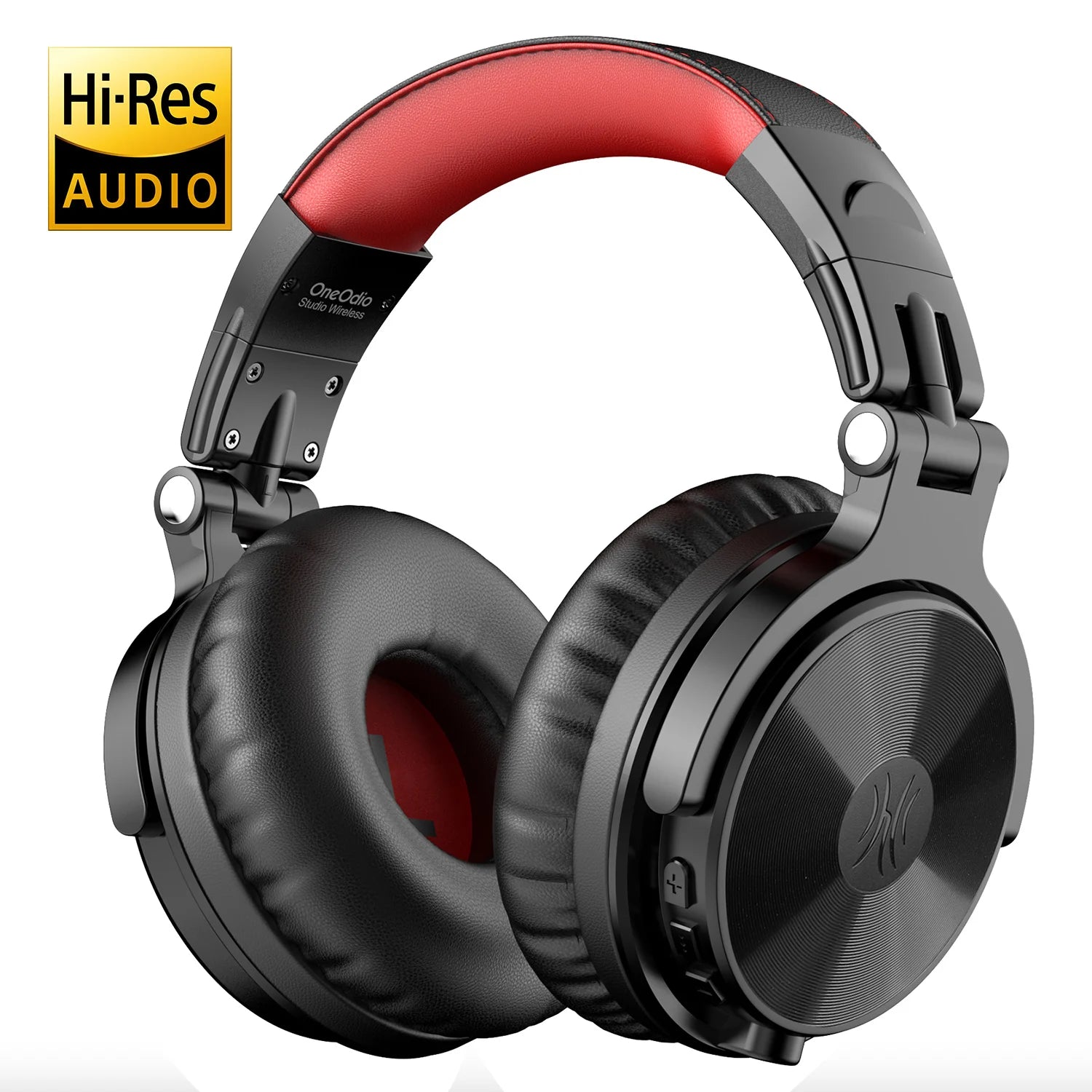 Black and red wireless over-ear headphones with plush ear cushions and 110-hour battery life. Hi-Res Audio certified.