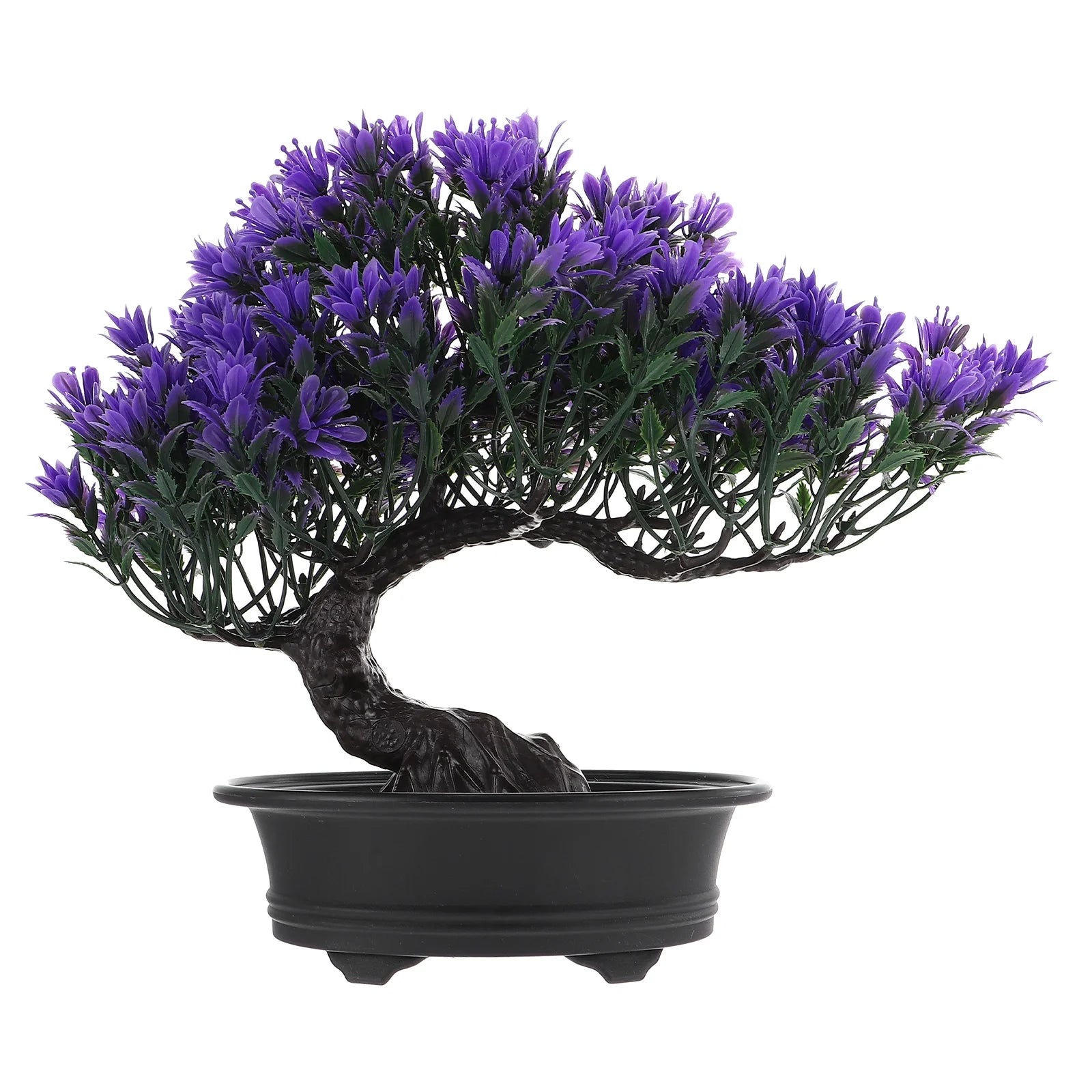 Artificial purple flower bonsai tree in a black oval pot against a white background.