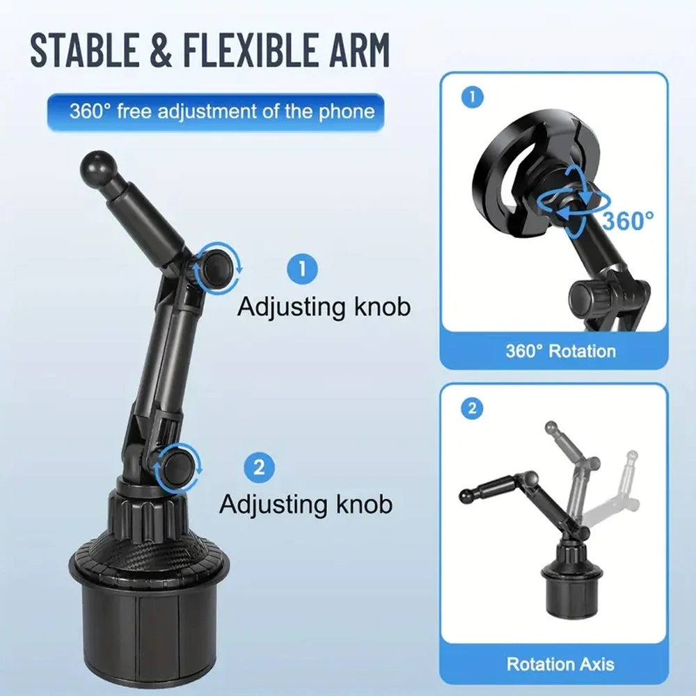 Black car cup holder phone mount with a multi-jointed, 360-degree adjustable flexible arm and tightening knobs.