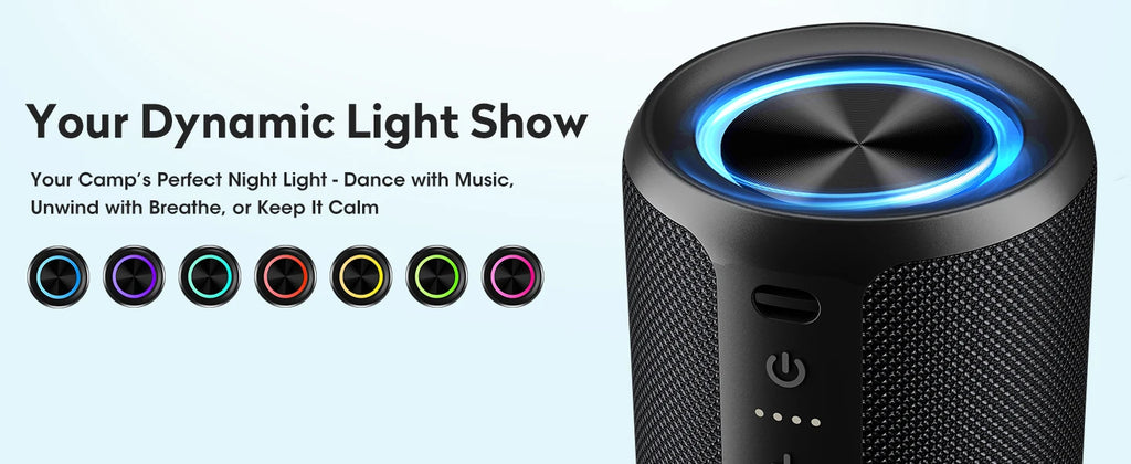 Black portable Bluetooth speaker with a circular LED light top, showcasing various colour settings for ambient lighting.