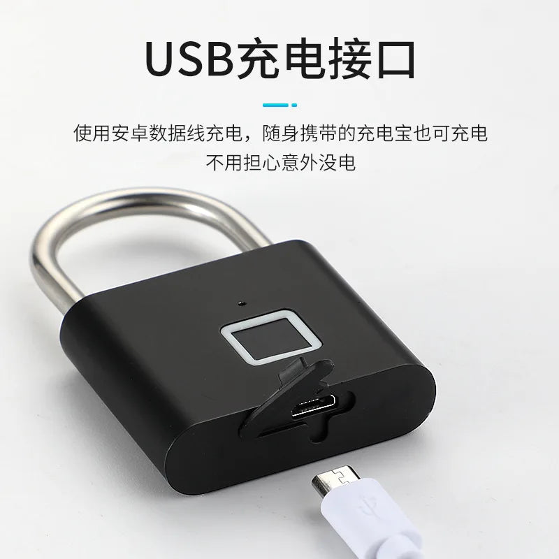 Black biometric padlock with a metal shackle and a micro-USB charging port exposed for connection to a power cable.