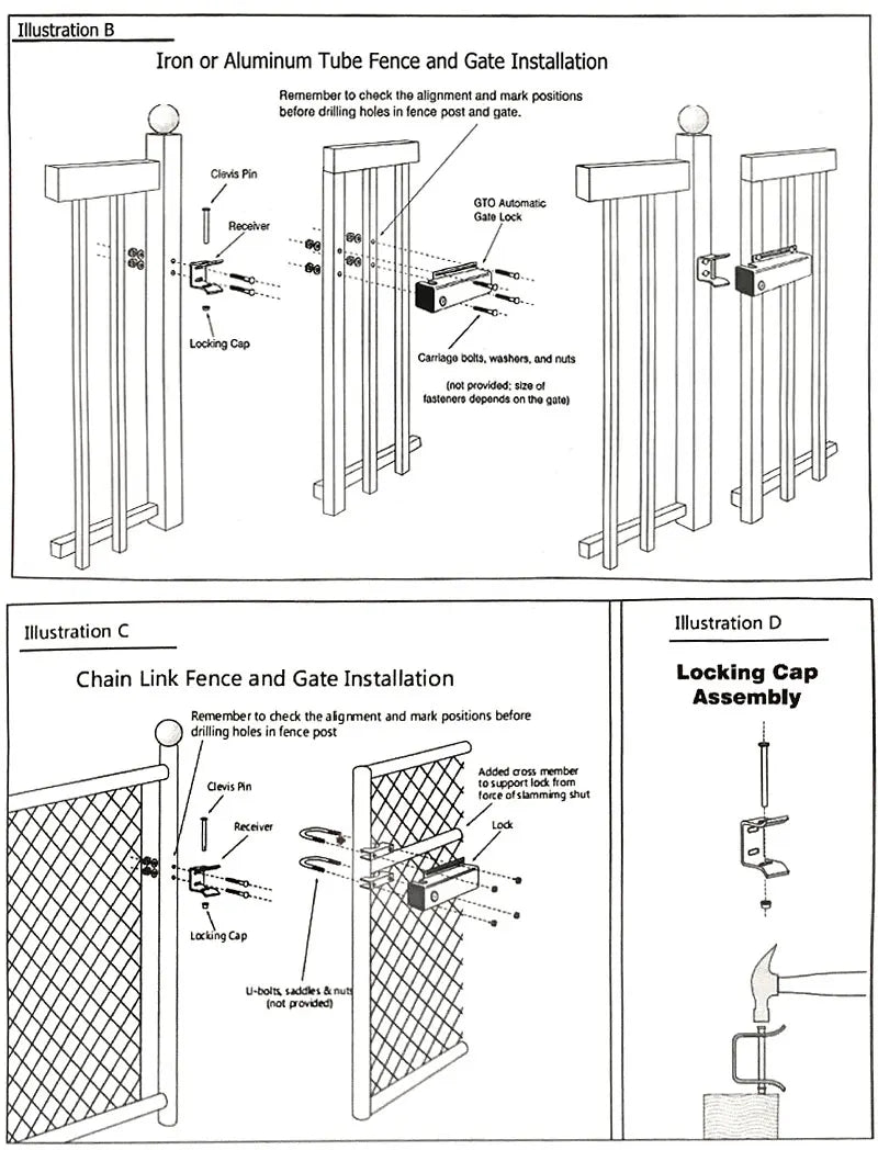 Diagram showing installation instructions for an automatic gate lock on iron, aluminum, and chain-link fences.