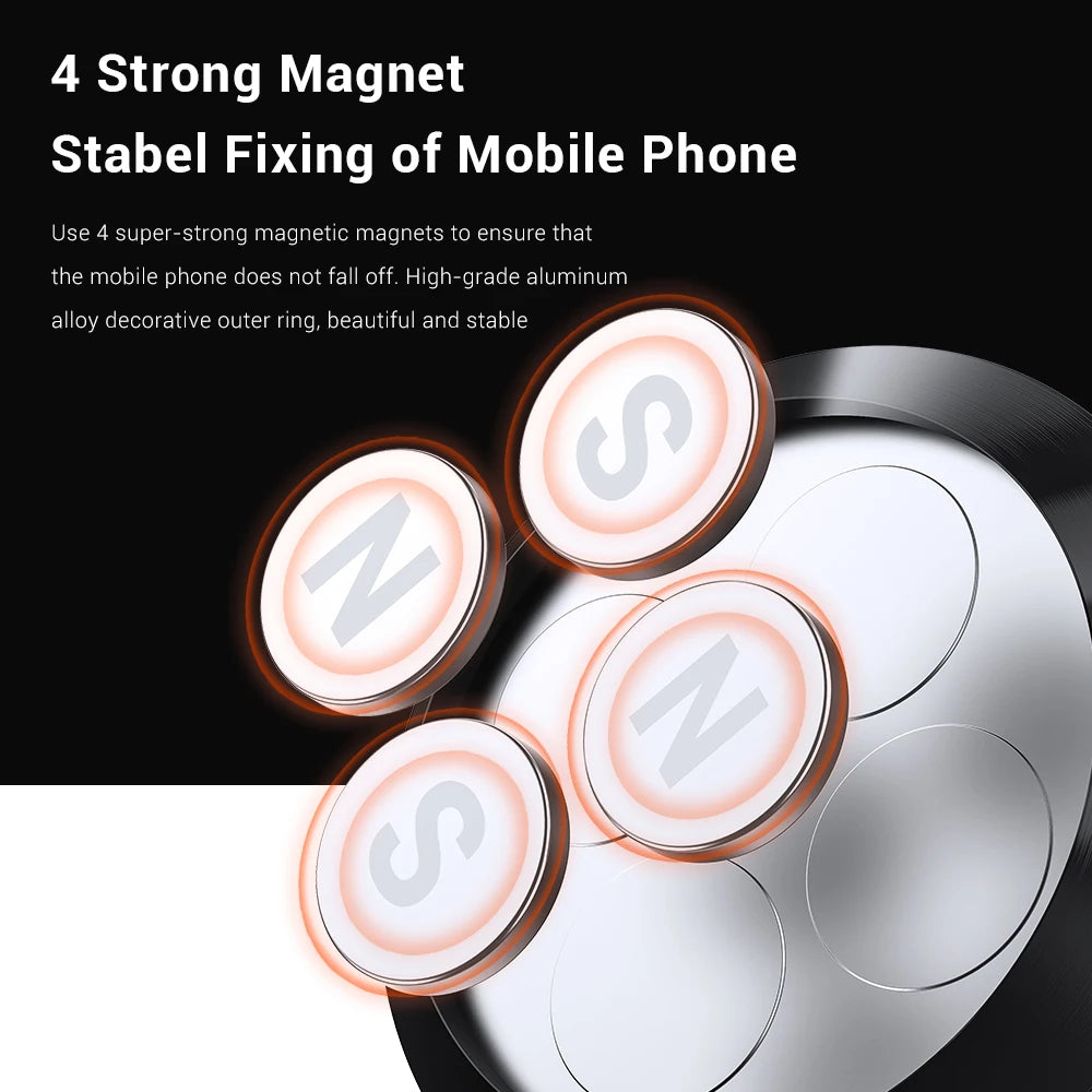 Circular magnetic phone mount with four high-strength magnets in a sleek silver aluminum finish.
