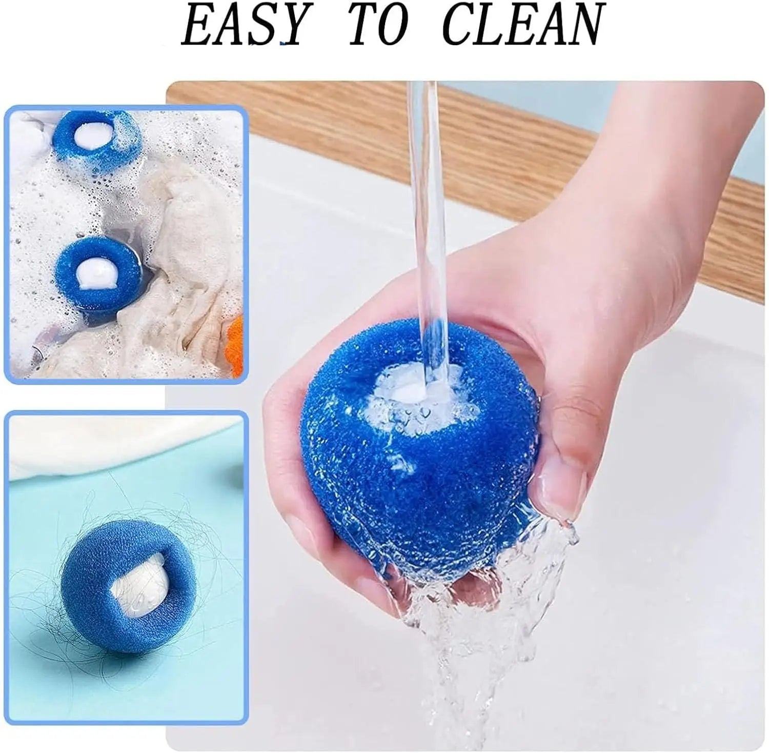 Blue circular laundry sponge with a white centre being rinsed under a tap, used for removing hair and lint.