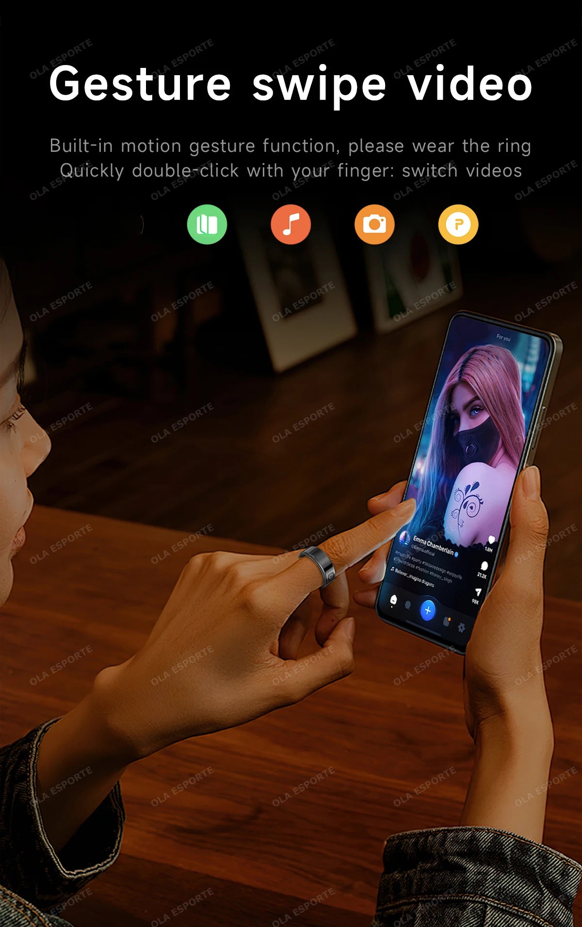 Sleek black smart ring being used to swipe through social media videos on a smartphone via touch gesture.