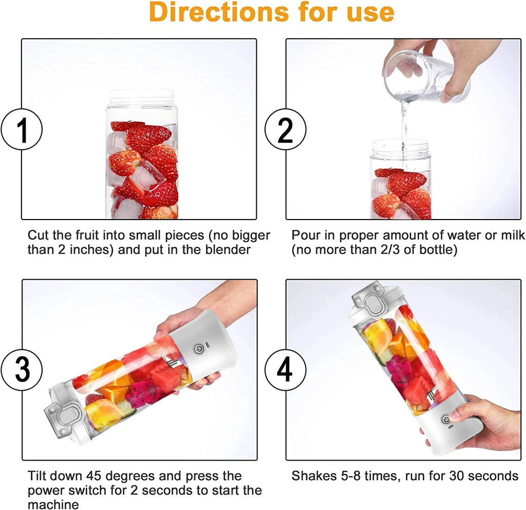 Four-step instruction guide for a portable, white cylindrical blender bottle filled with colourful fruit pieces.