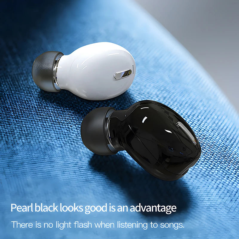 Two wireless earbuds, one glossy white and one glossy black, featuring a compact, ergonomic design with dark ear tips.
