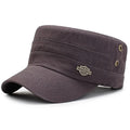 Dark grey cotton military-style flat-top cap with a structured peak and metallic side eyelets.