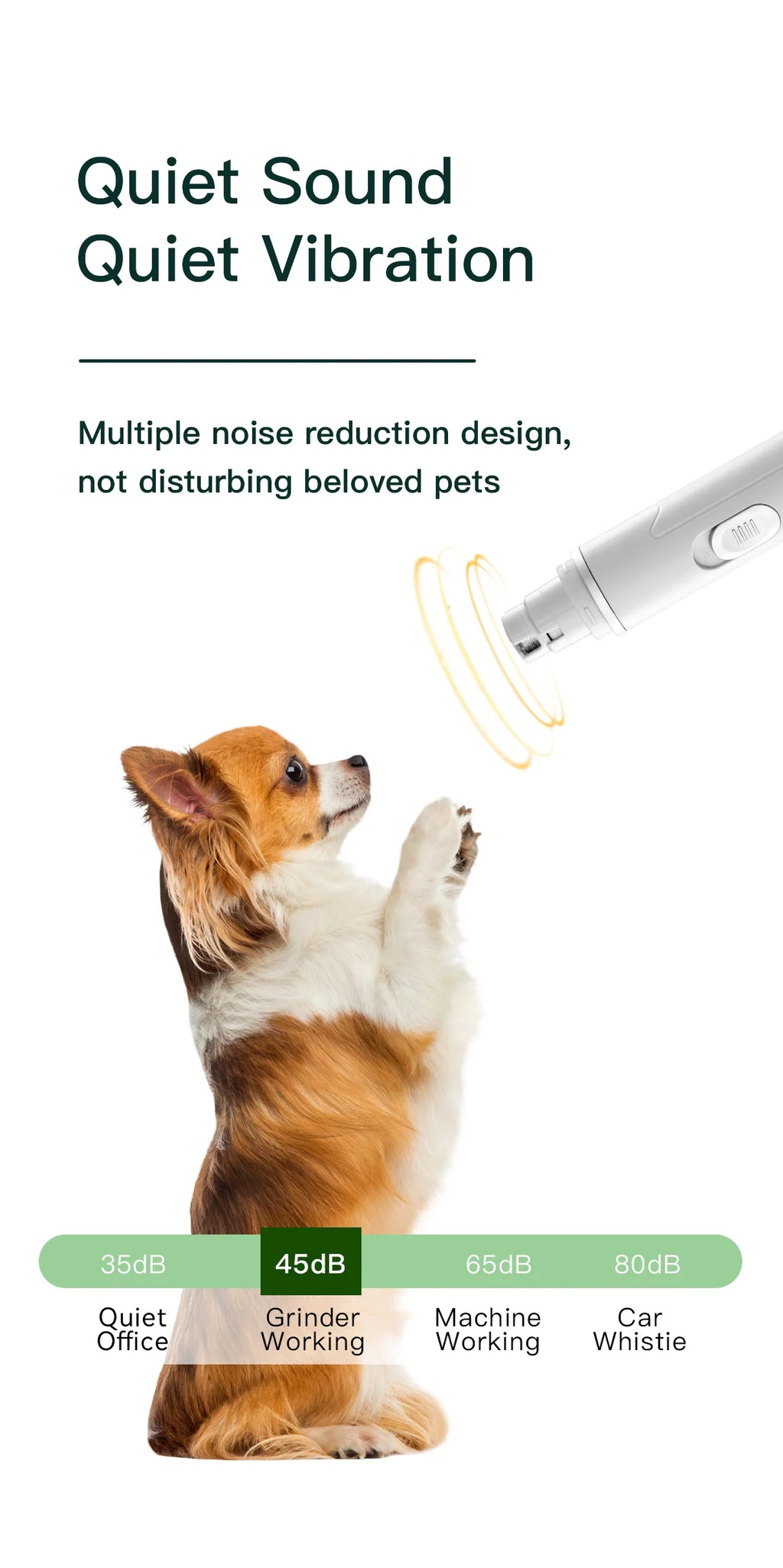 White, slimline electric pet nail grinder with LED light, shown with a dog to demonstrate quiet, low-noise operation.