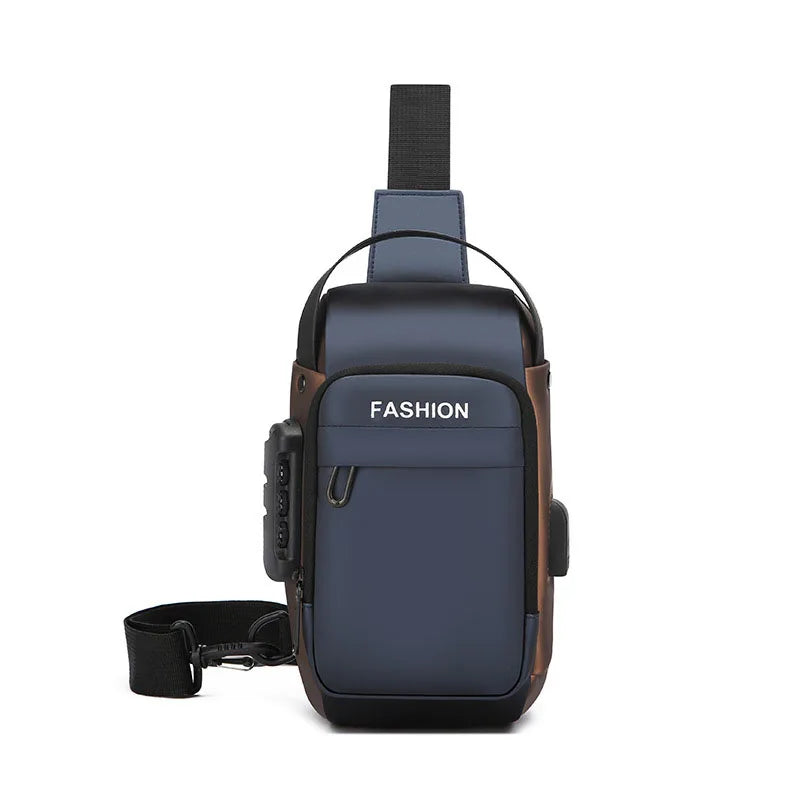 Navy blue men's anti-theft sling bag with a secure combination lock, adjustable strap, and side USB charging port.