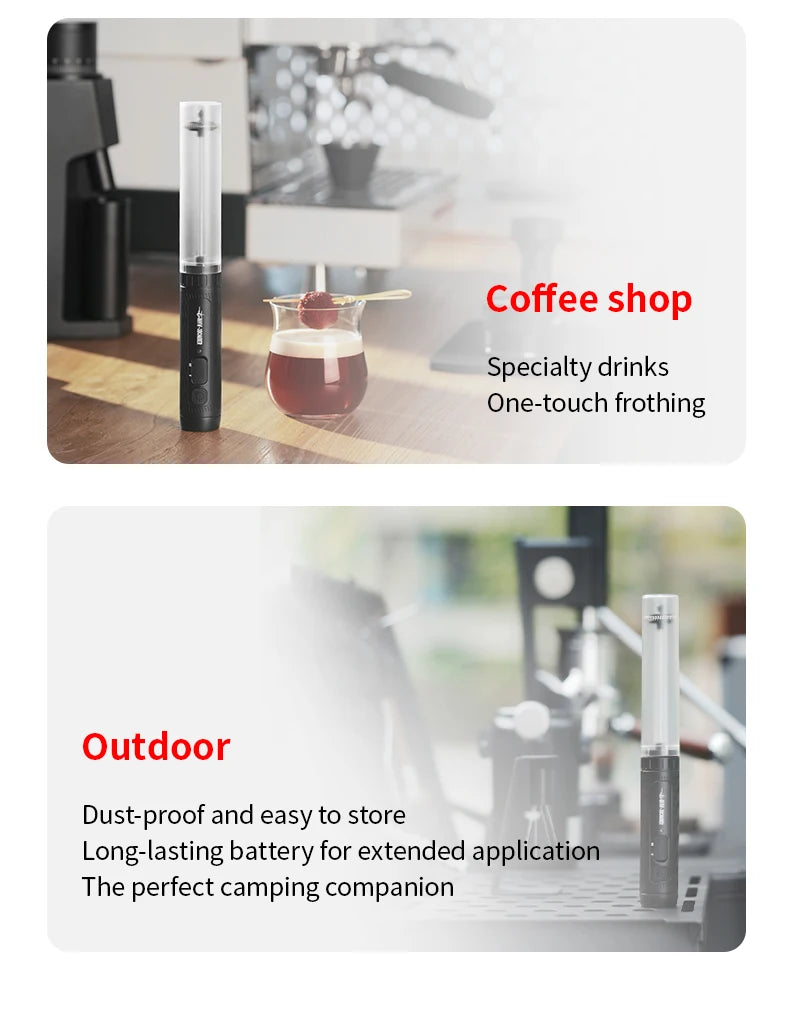 Portable black handheld milk frother with a clear protective cover, shown in coffee shop and outdoor settings.