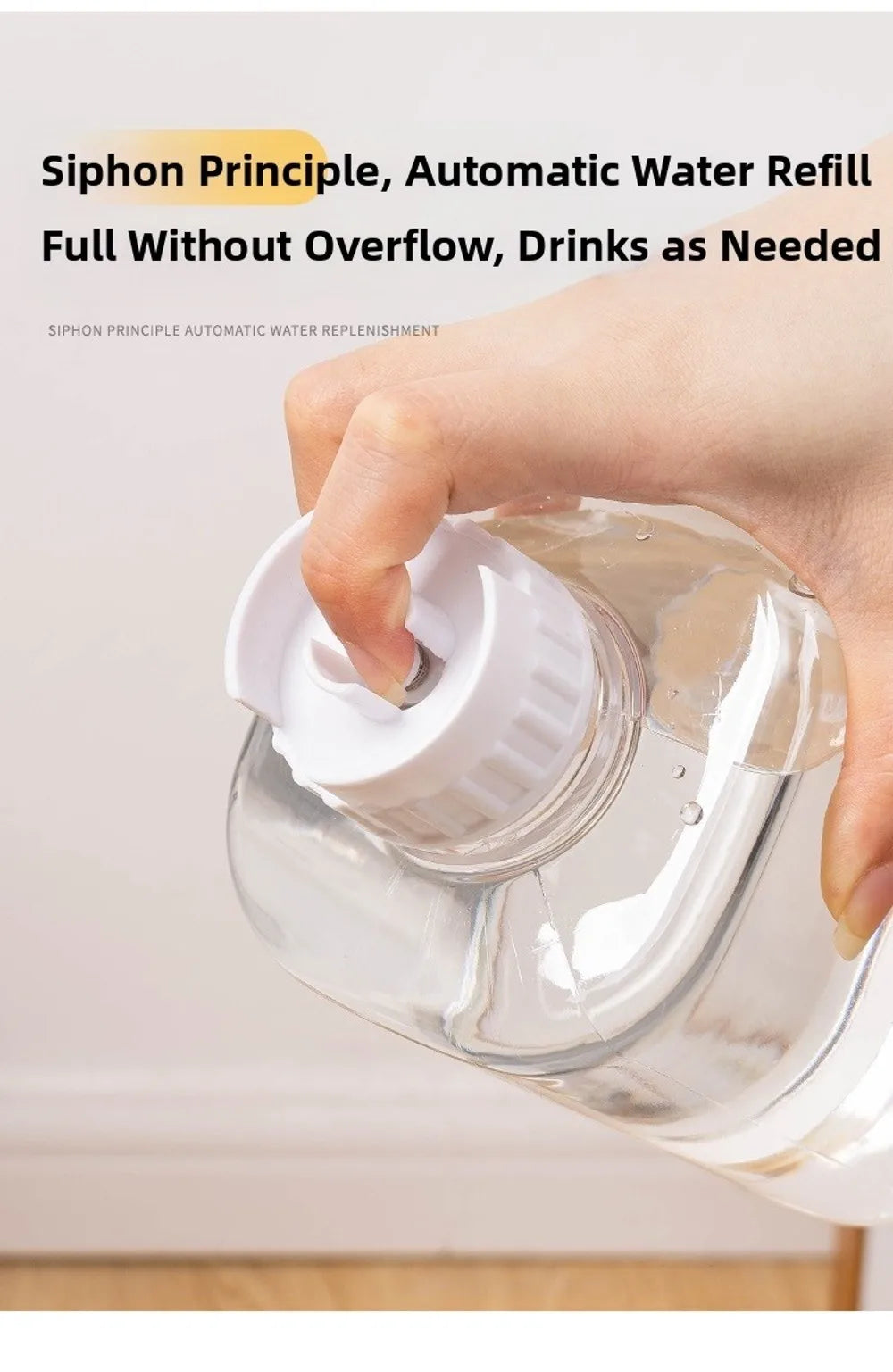Hand holding a clear plastic water bottle with a white, valve-style screw cap designed for automatic refilling.