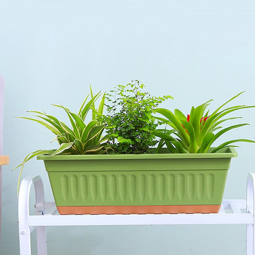 A green rectangular planter with a tan base, holding three green house plants, rests on a white metal rack.