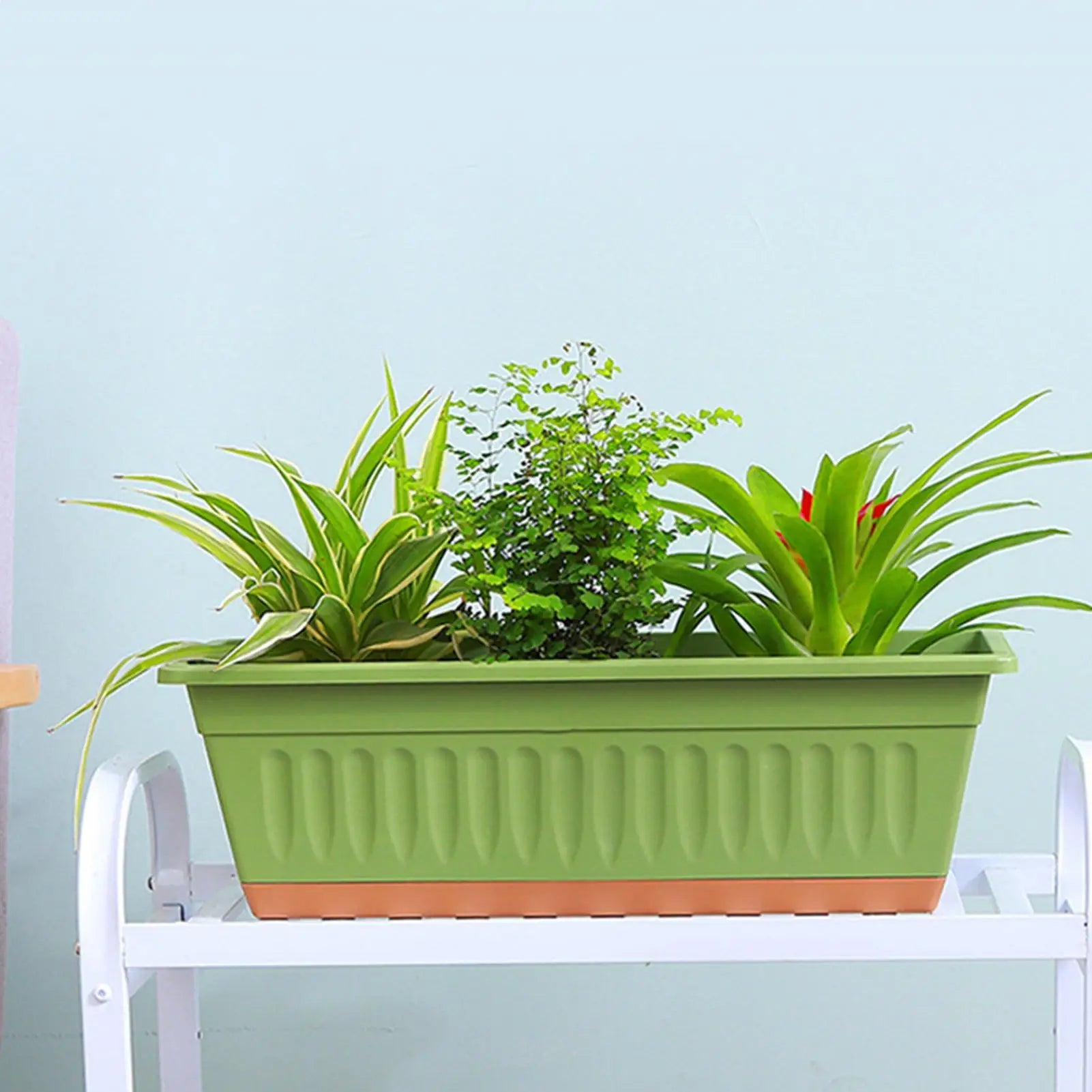 A green rectangular planter with a tan base, holding three green house plants, rests on a white metal rack.