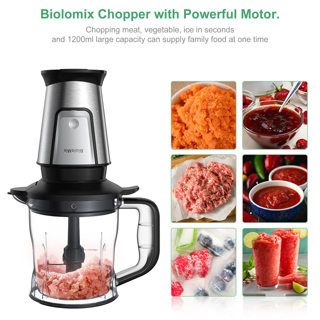 Stainless steel food chopper with a black lid and handle, featuring a 1200ml clear glass bowl for processing food.
