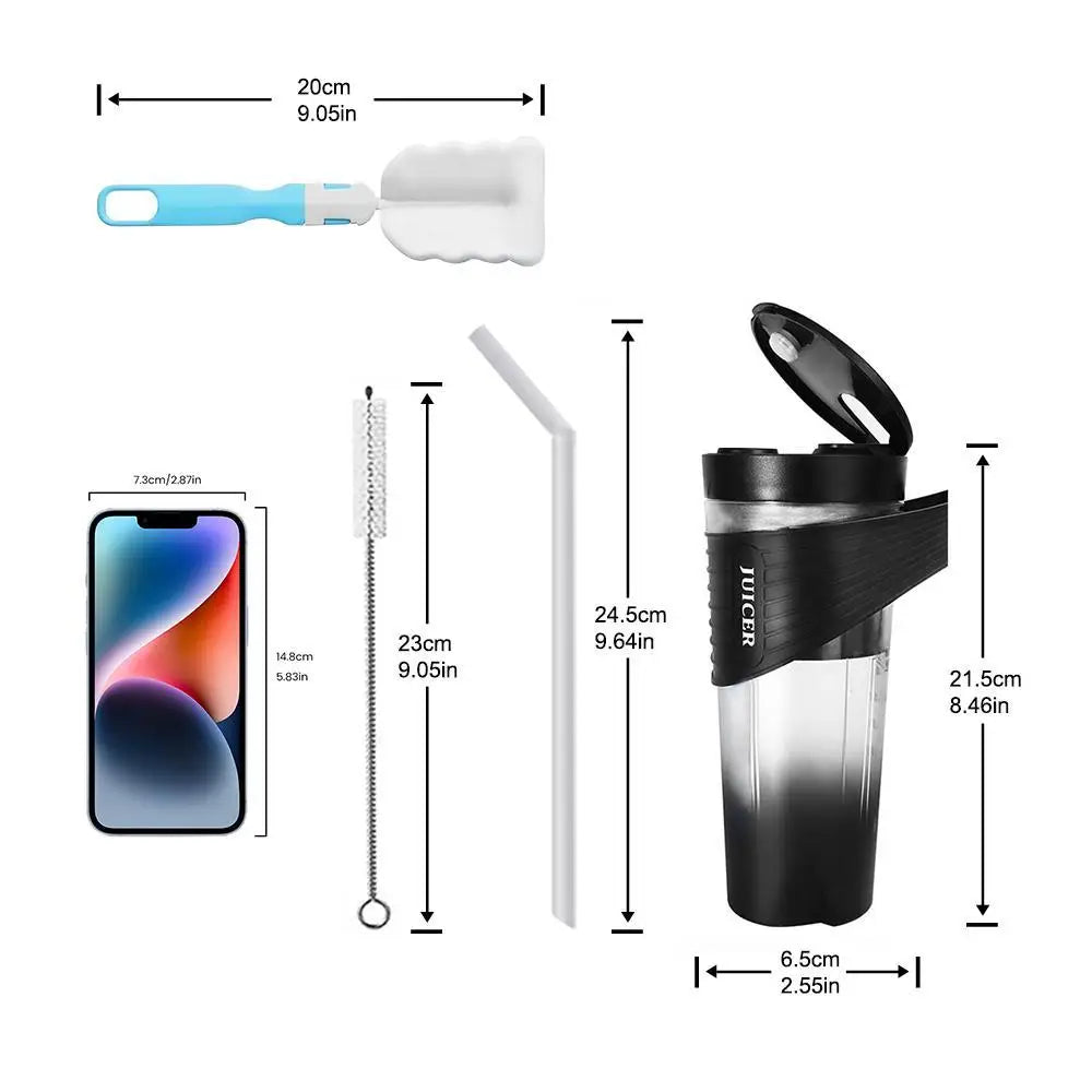 Portable juicer set with black bottle, straw, cleaning brush, and scrubber, shown with dimensions and smartphone scale.