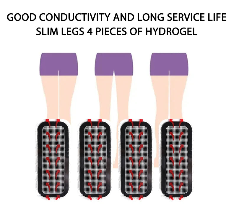 Four black rectangular hydrogel electrode pads for a muscle stimulator, featuring a white grid and red directional arrows.