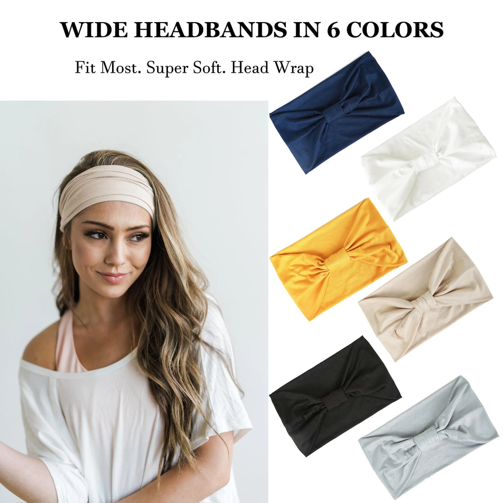 A woman wearing a beige wide headband, alongside six headbands in navy, white, mustard, beige, black, and grey.