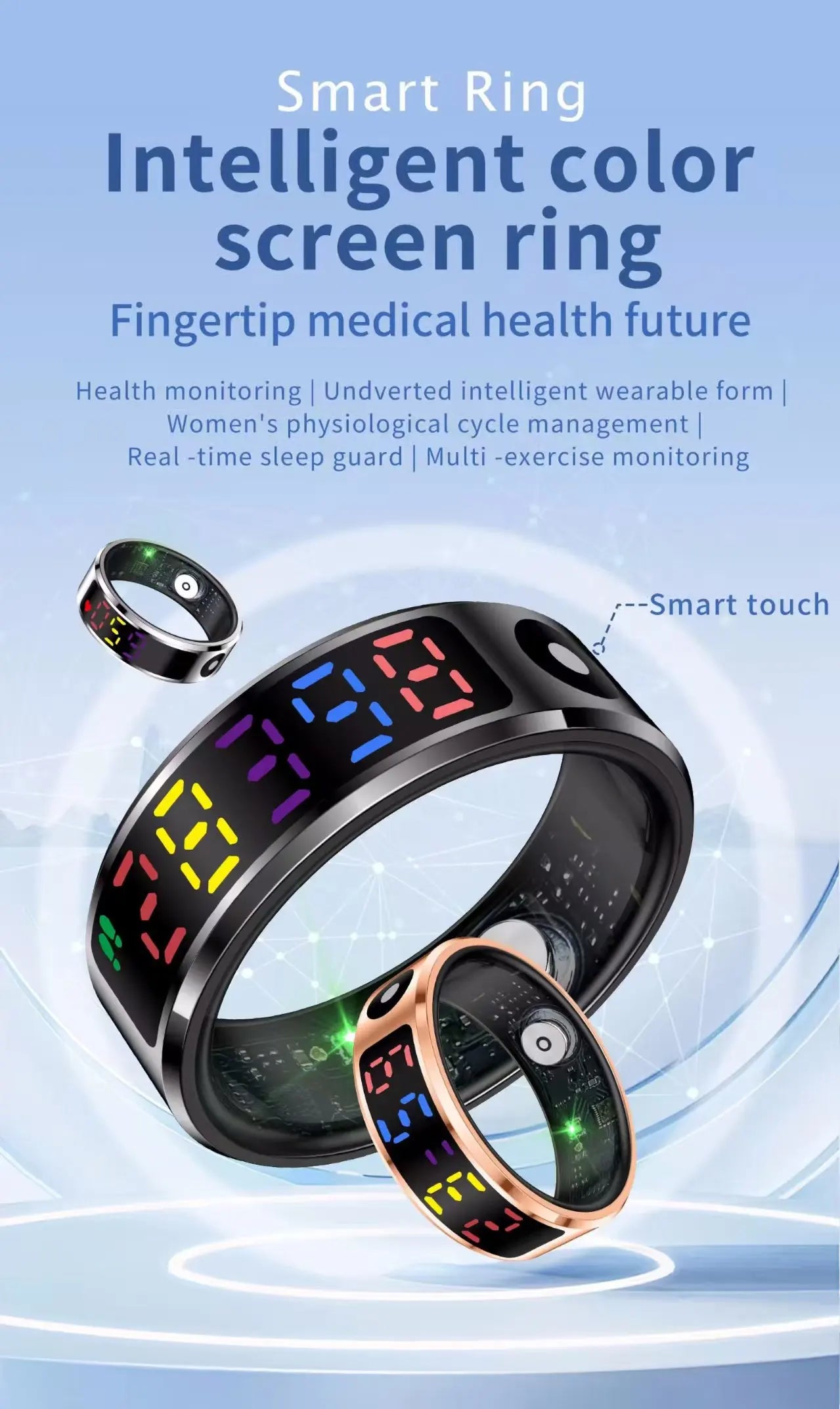 A black and a rose gold smart ring featuring a digital colour touchscreen, touch control, and internal health sensors.