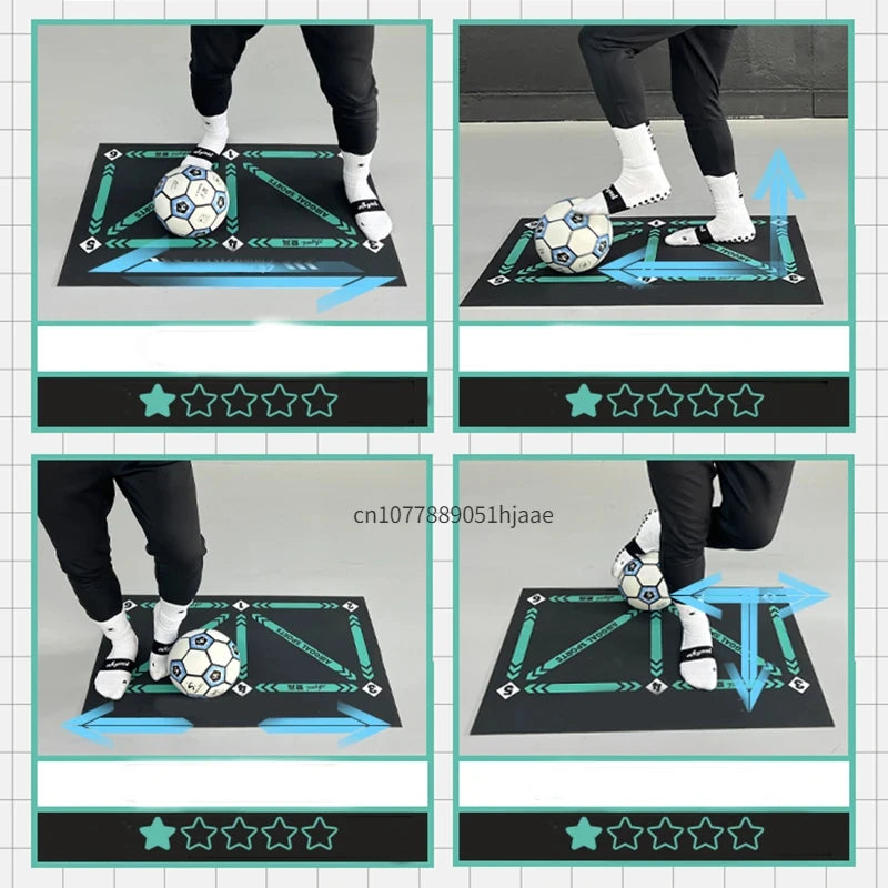 Black football training mat with teal geometric agility markings for drills, used with a soccer ball.