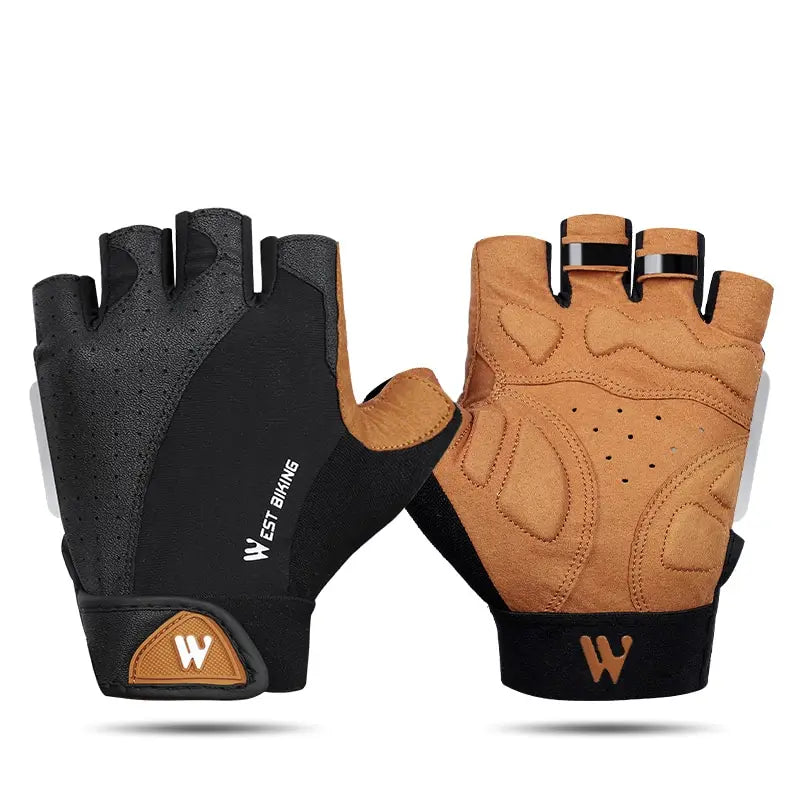 Black and tan fingerless West Biking cycling gloves with padded palms and adjustable velcro wrist straps.