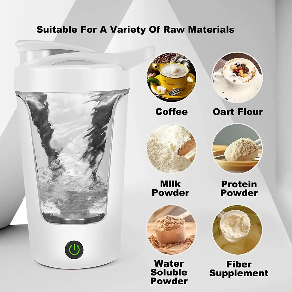 White electric vortex shaker bottle for mixing drinks and powders, featuring a power button and clear mixing chamber.