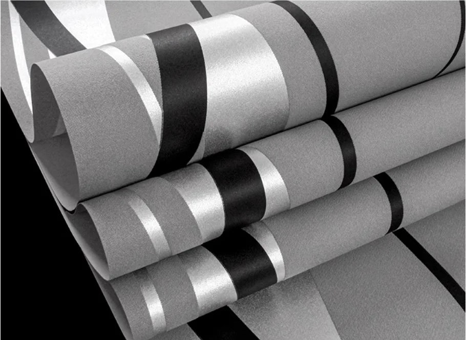 Modern Nordic wallpaper featuring a textured grey geometric stripe design with contrasting black and metallic silver lines.
