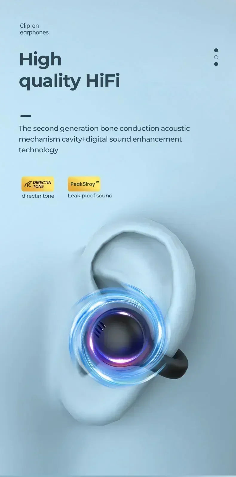 Black clip-on bone conduction earphones shown on an ear, featuring a glowing blue circular sound effect.