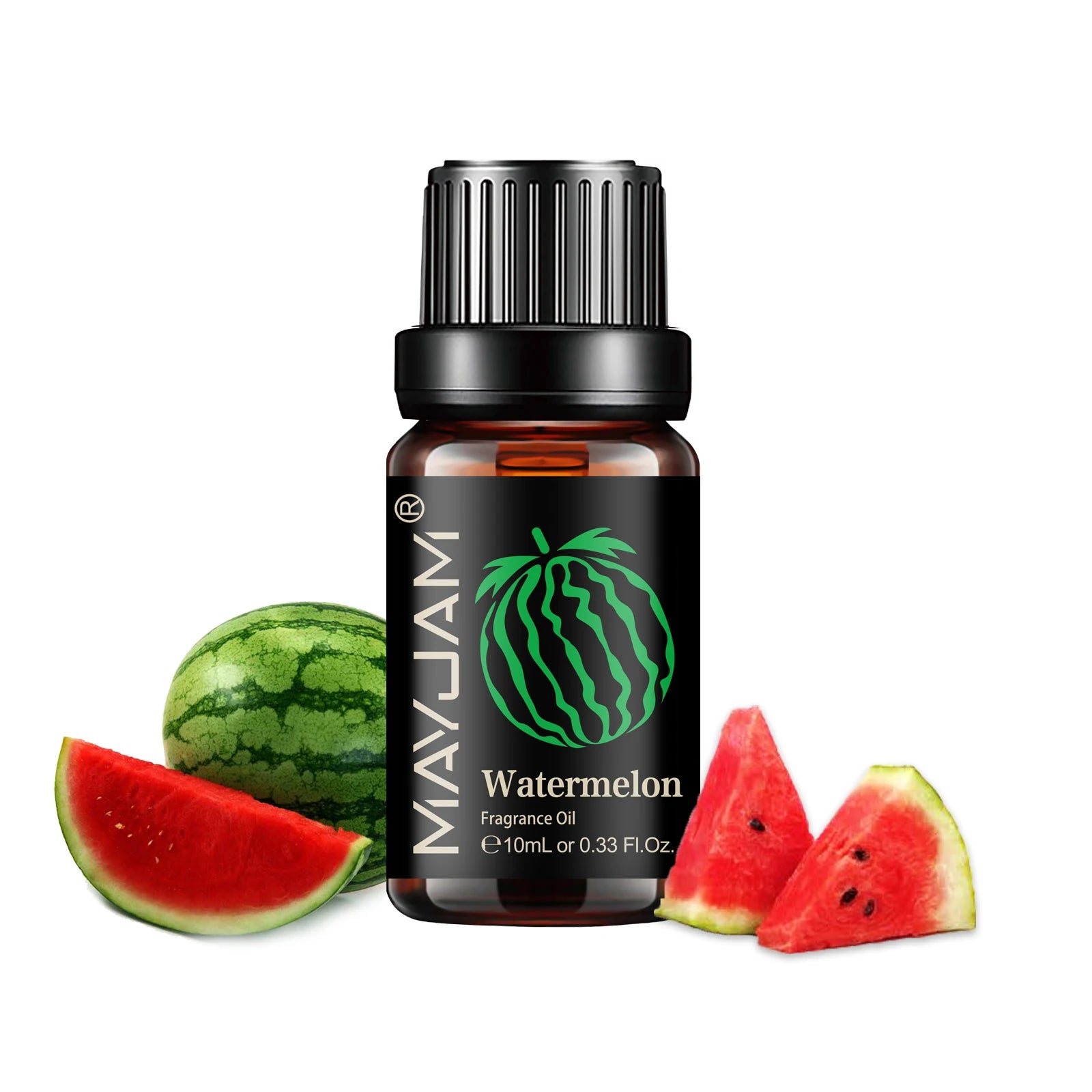10ml amber glass bottle of watermelon fragrance oil with black dropper cap and watermelon illustrations on the label.