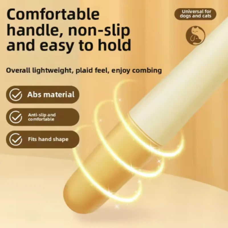A beige, non-slip pet grooming brush with a comfortable, ergonomic handle design, set against a gold background.