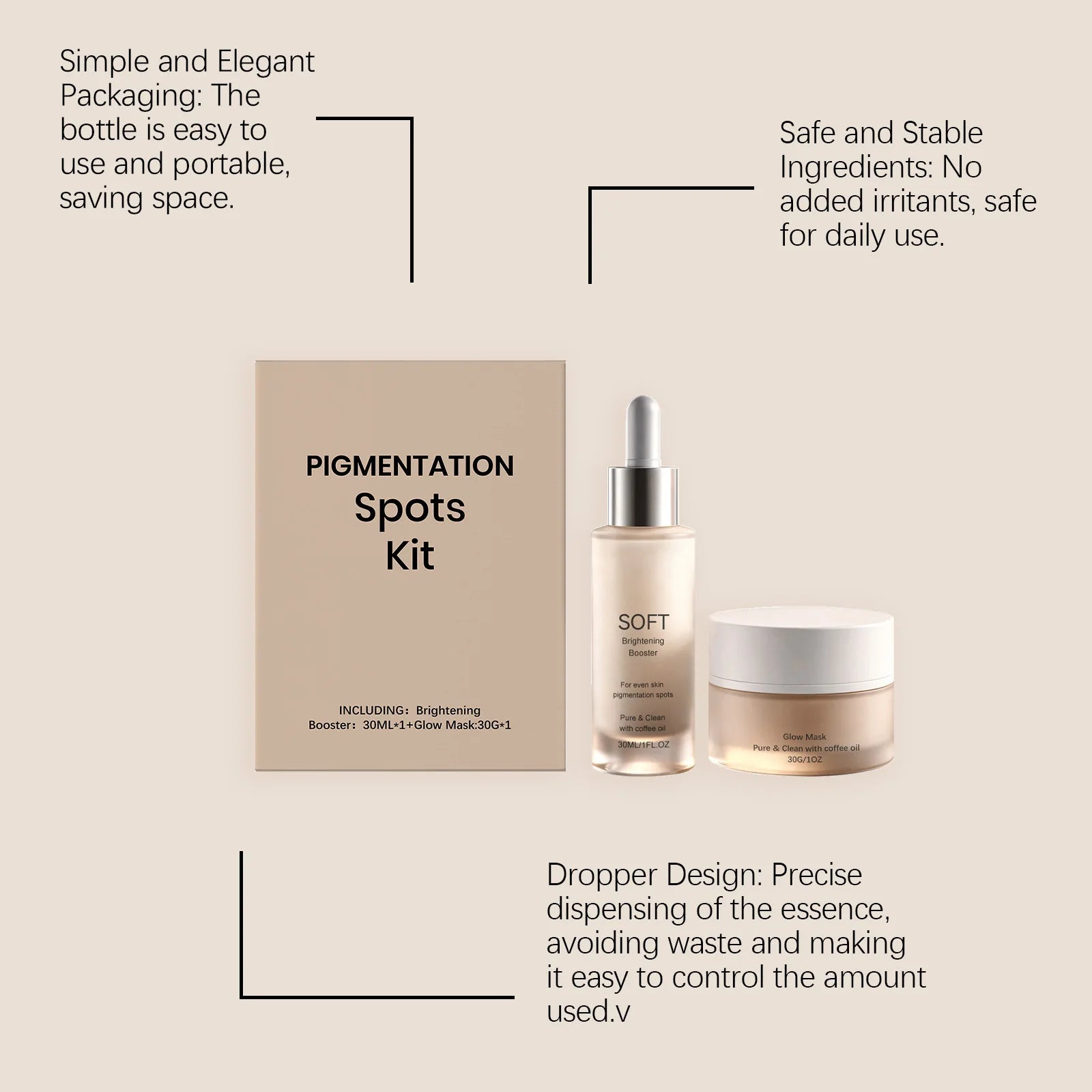 Pigmentation spots kit featuring a beige box, a glass dropper serum bottle, and a matching cream jar in neutral tones.
