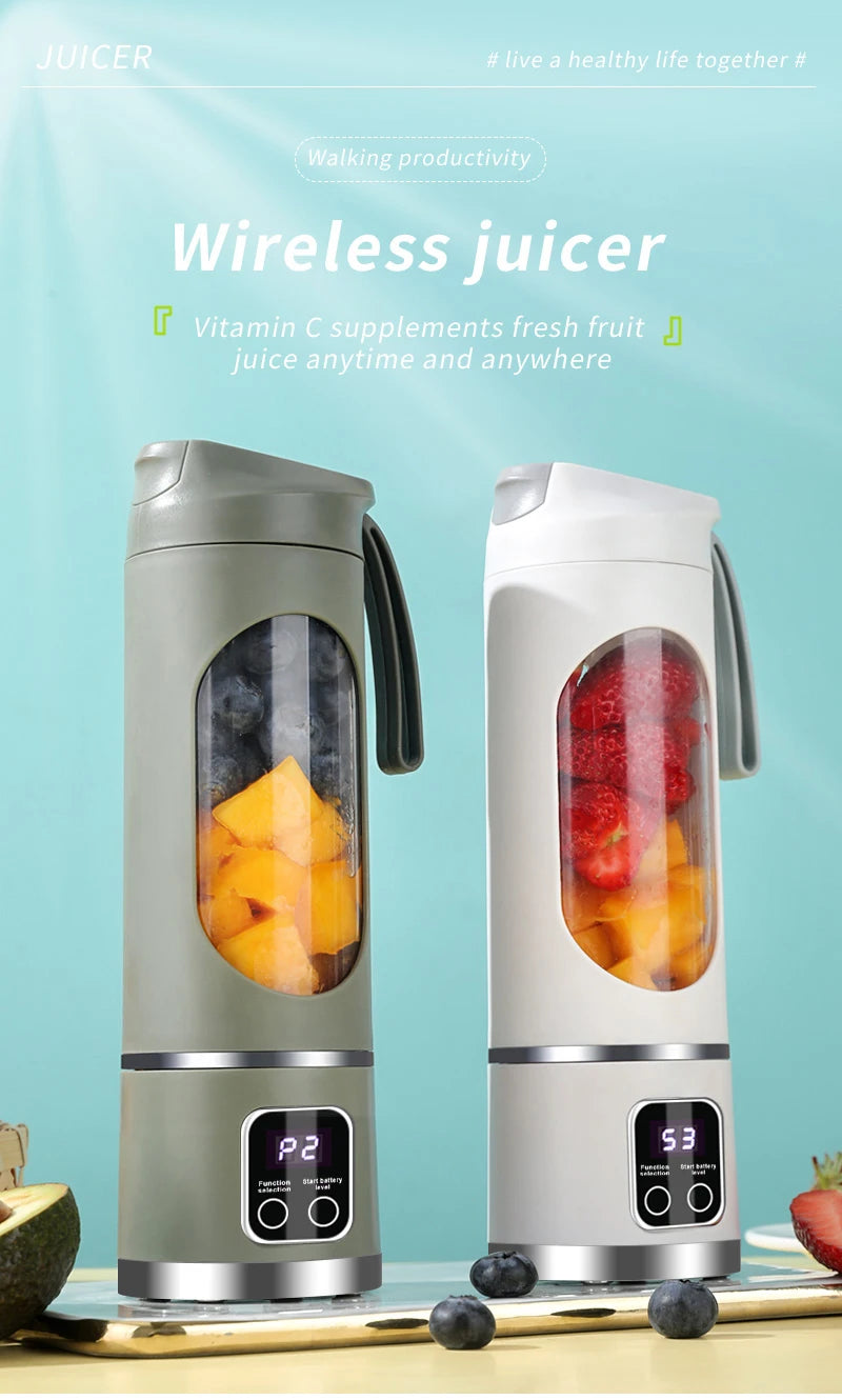 Two portable, wireless juicer bottles in olive green and white, featuring clear display screens and fruit inside.