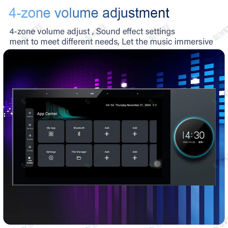 7-inch in-wall smart audio control panel with a sleek black interface, app icons, and circular digital clock display.