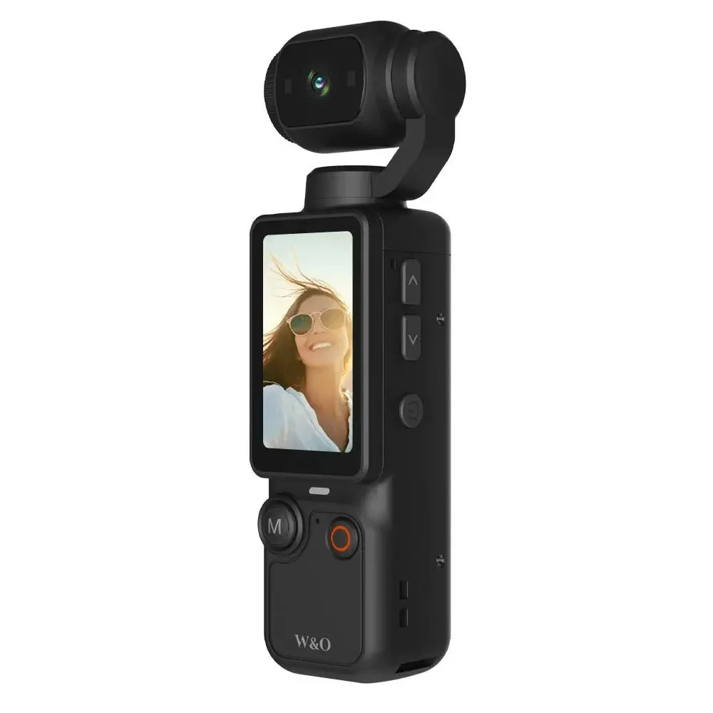Black plastic handheld gimbal camera with an integrated screen, lens, and control buttons.