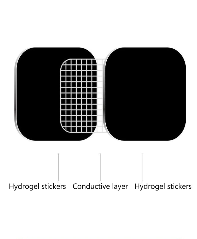 Two black hydrogel pads connected by a central white grid conductive layer for an abdominal muscle stimulator.