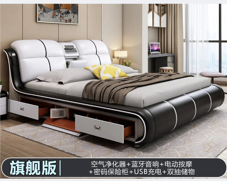 Modern cream and black leather bed frame with integrated storage drawers, a built-in safe, and smart features.