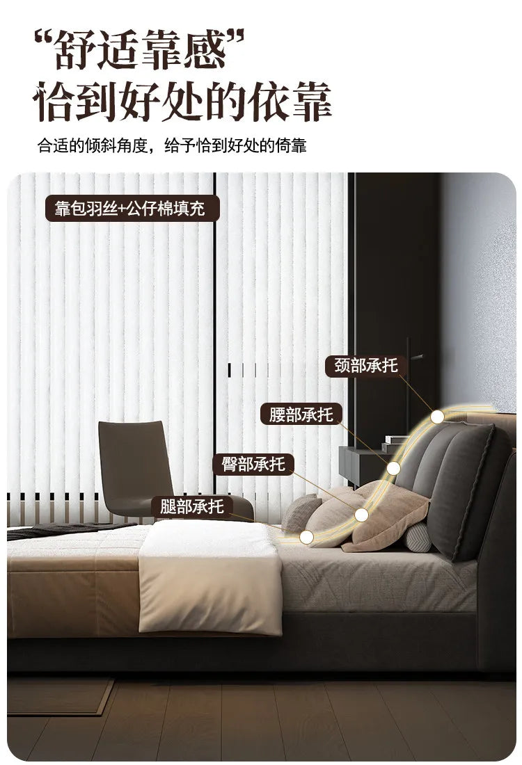 Modern, dark grey upholstered double bed with an ergonomic, cushioned headboard and integrated storage.