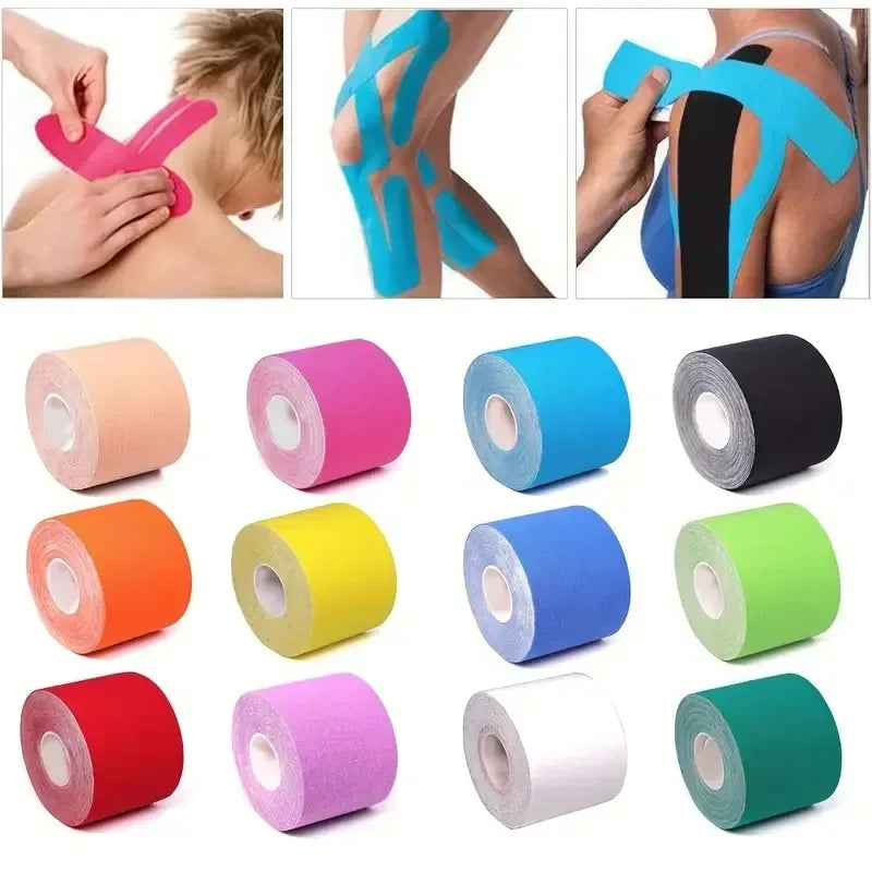 Multi-coloured rolls of kinesiology sports tape, with example images showing them applied to the neck, knee and shoulder.