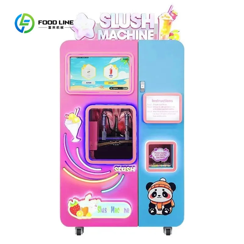 Pink and blue commercial slush vending machine with touchscreen, dispenser window, and panda graphics.