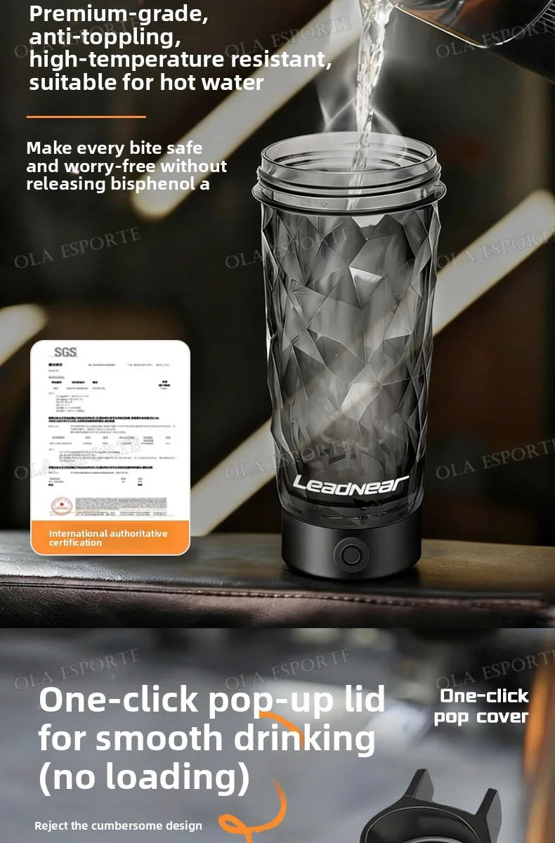 Transparent grey plastic shaker cup with a geometric textured design and a black base.