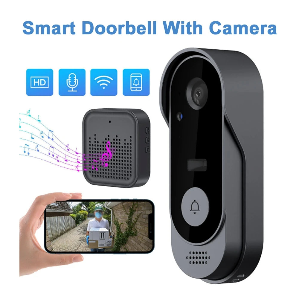 A sleek grey wireless smart doorbell with camera, indoor chime, and smartphone app display showing a live video feed.