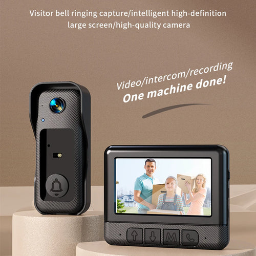 Black wireless video doorbell and matching 4.3-inch indoor monitor screen displaying a family at the front door.