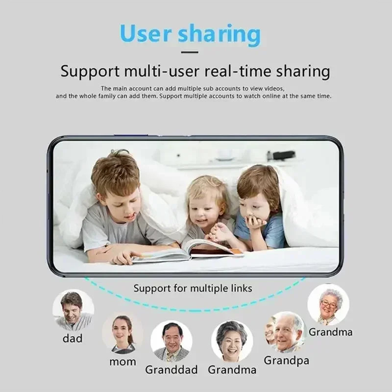 Black smartphone displaying a video of children, illustrating a multi-user, real-time family video sharing feature.