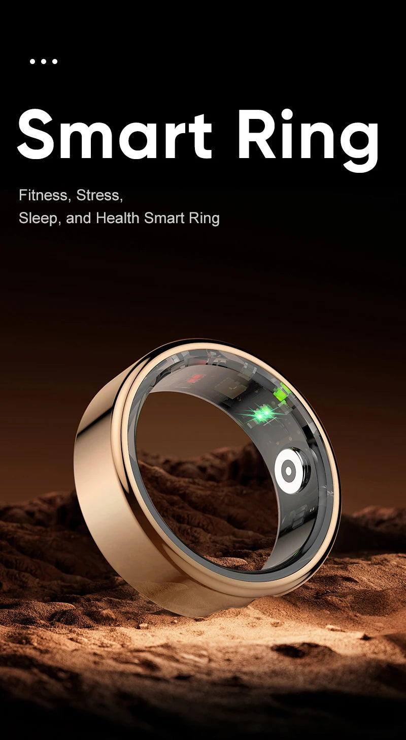 A polished gold smart health tracking ring on a rocky surface, showing internal green sensors and sleek design.