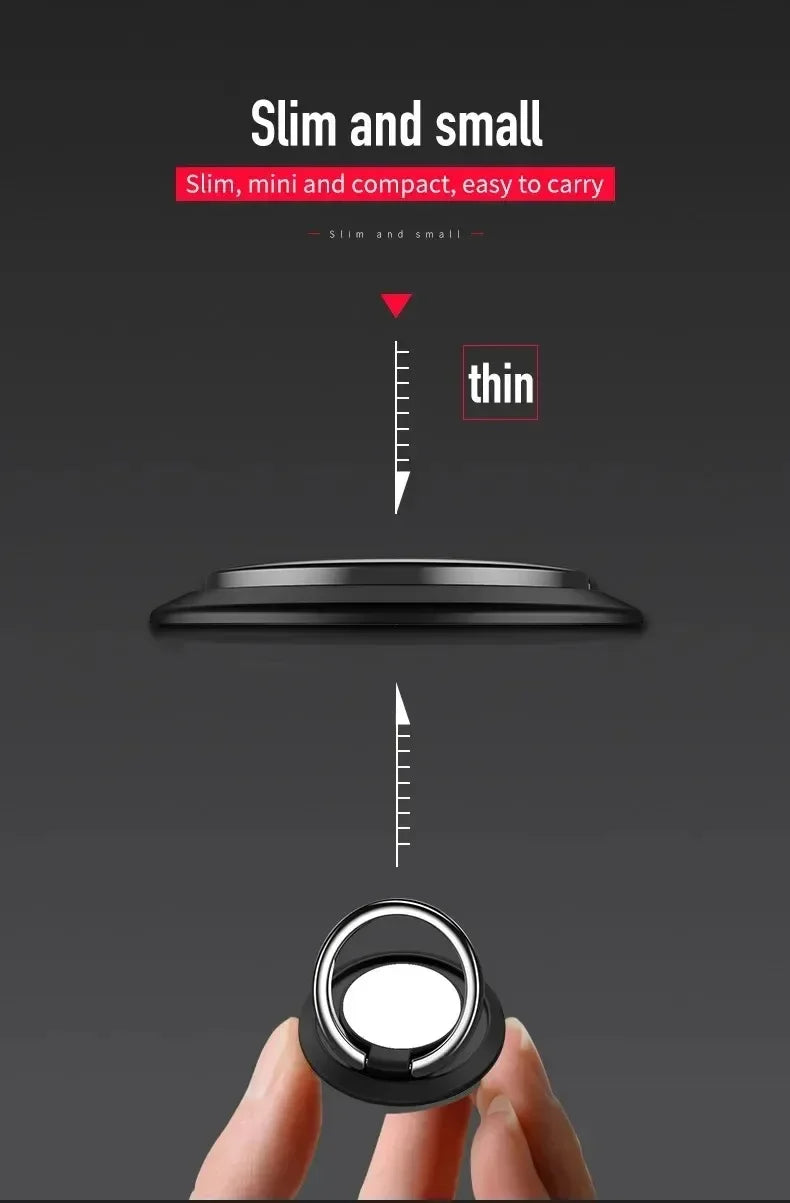 A thin, round black phone ring holder with a silver metallic loop, shown from the side and held by fingers.