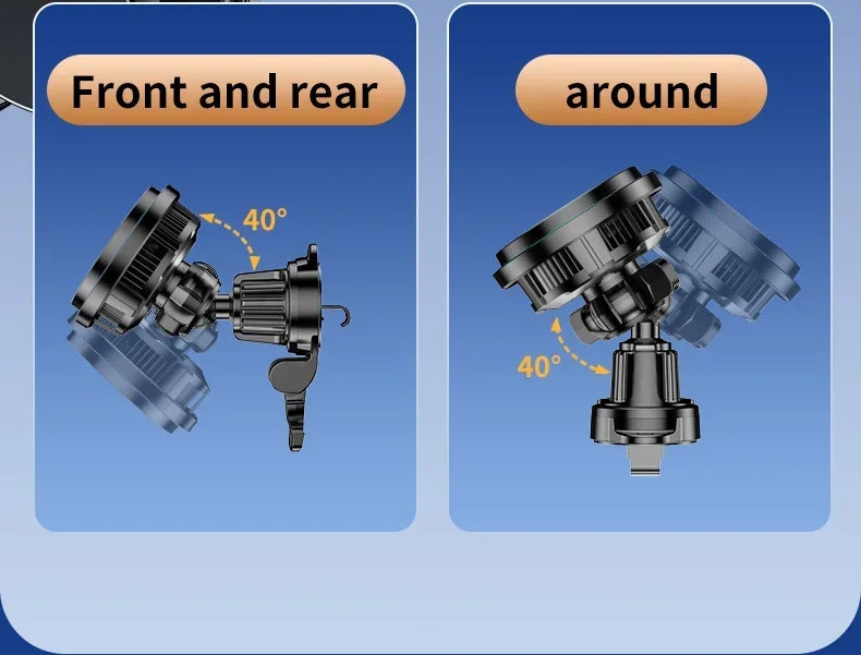 Black adjustable car vent mount with 40-degree front, rear, and side rotation capabilities.