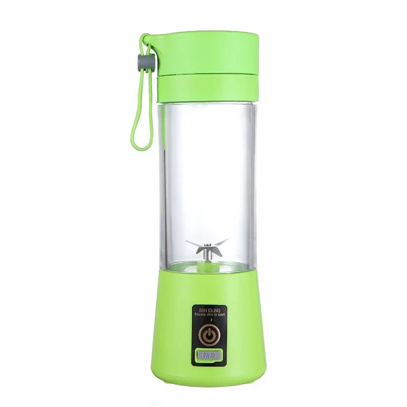 Portable bright green blender with clear cup, metal blades, wrist strap, and power button on the base.